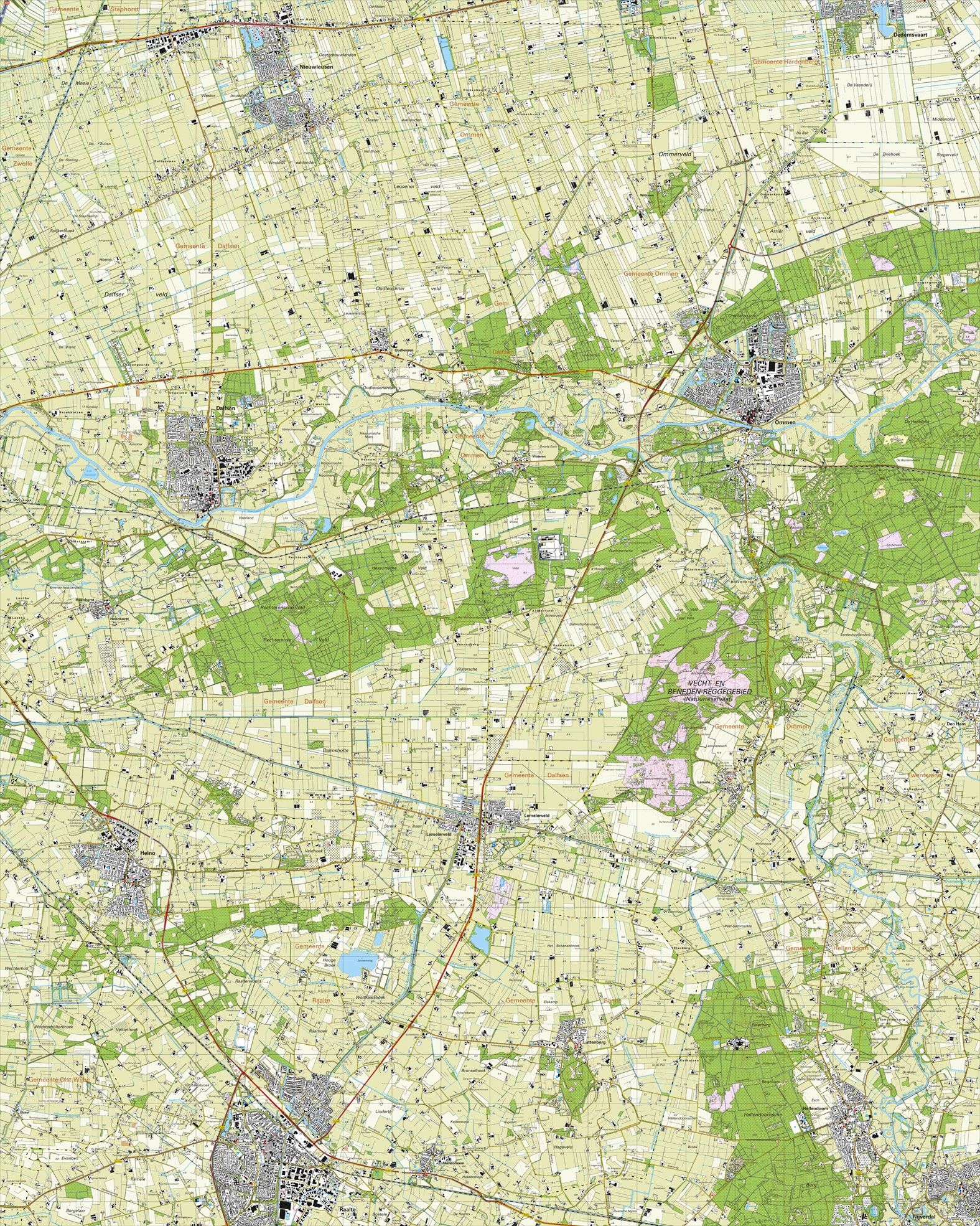 Topografische kaart schaal 1:25.000 (Ommen, Dalfsen, Nieuwleusen, Raalte, Hellendoorn, Heino)