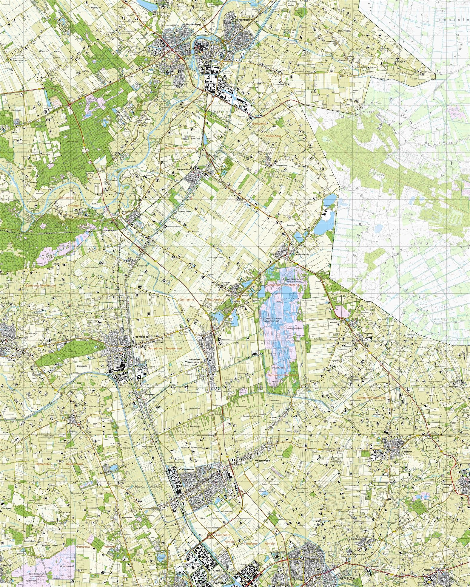 Topografische kaart schaal 1:25.000 (Hardenberg, Vroomshoop, Vriezenveen, Almelo, Geesteren)