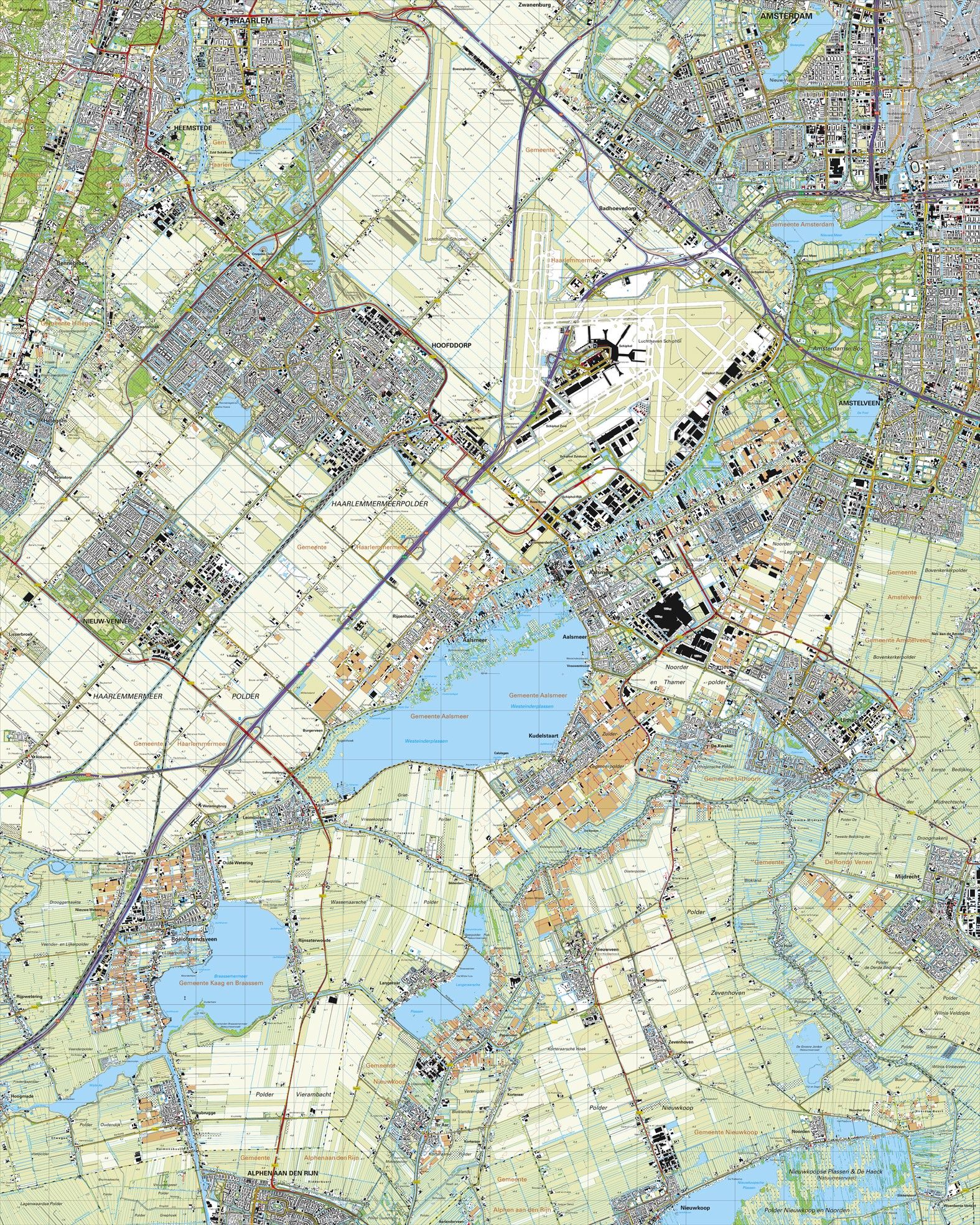 Topografische kaart schaal 1:25.000 (Amsterdam, Amstelveen, Hoofddorp, Aalsmeer, Uithoorn, Nieuw-Vennep)