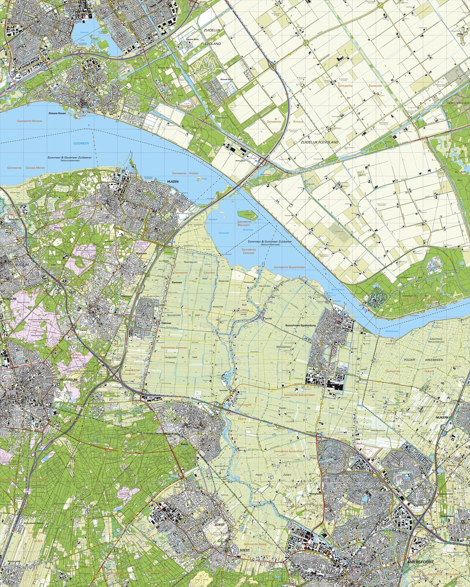 Topografische kaart schaal 1:25.000 (Almere, Huizen, Hilversum, Baarn, Amersfoort, Soest)