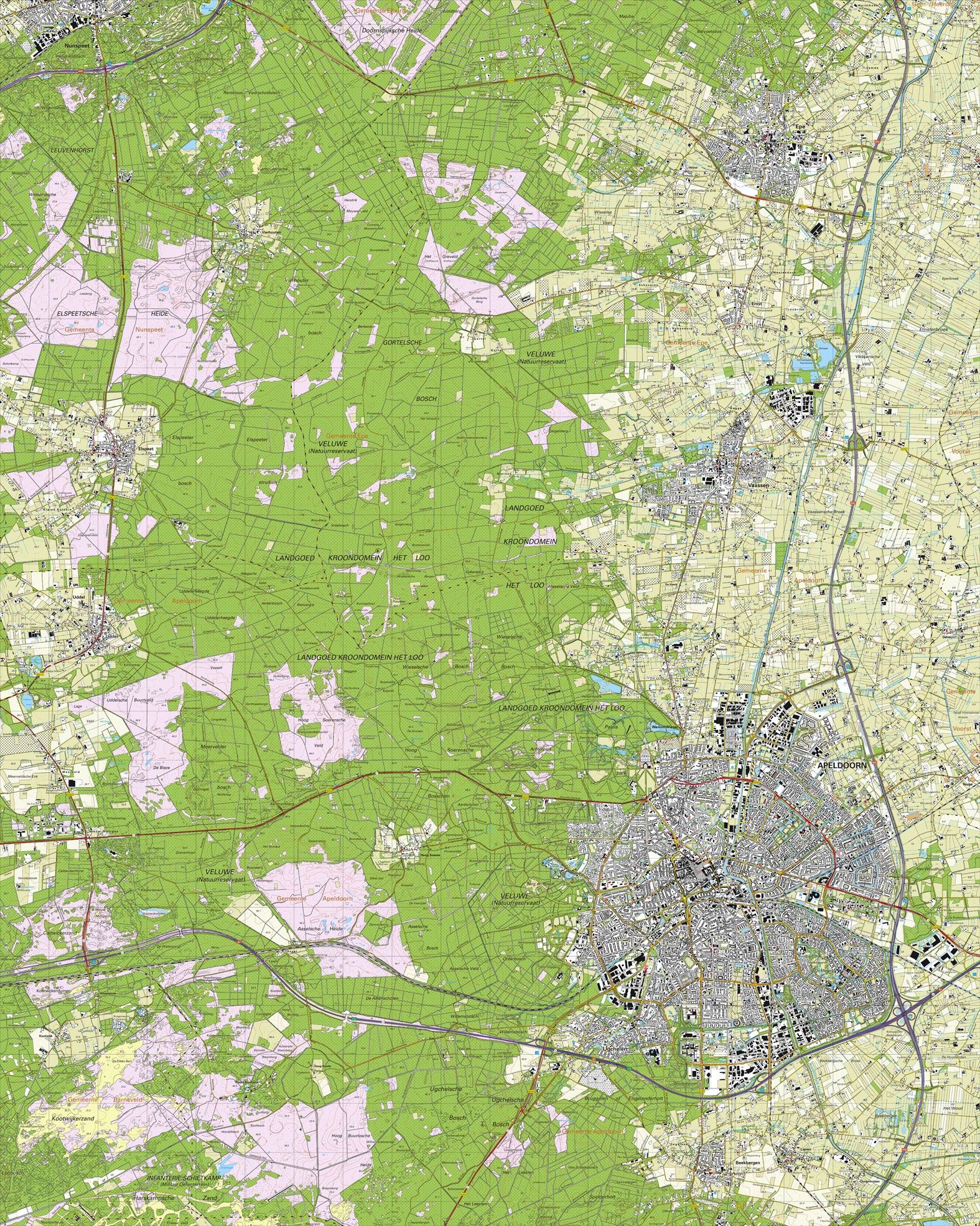 Topografische kaart schaal 1:25.000 (Apeldoorn, Vaassen, Epe, Nunspeet, Elspeet, Uddel)