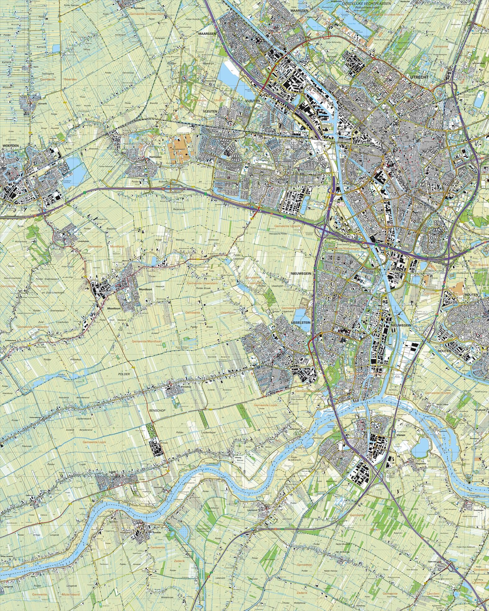 Topografische kaart schaal 1:25.000 (Utrecht, Woerden, Nieuwegein, IJsselstein, Houten, Vianen)