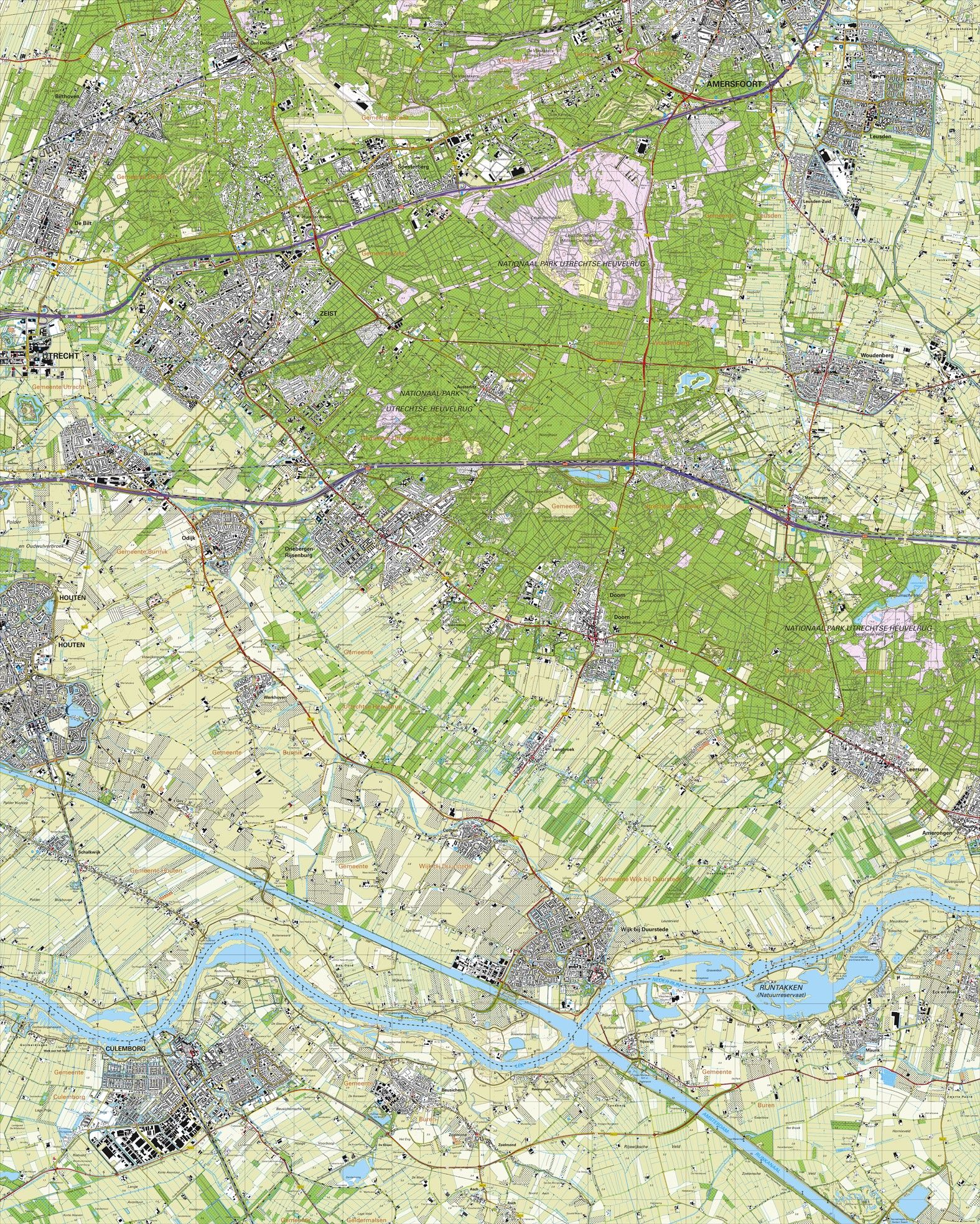Topografische kaart schaal 1:25.000 (Bilthoven, Zeist, Soesterberg, Amersfoort, Houten, Utrecht, Culemborg)