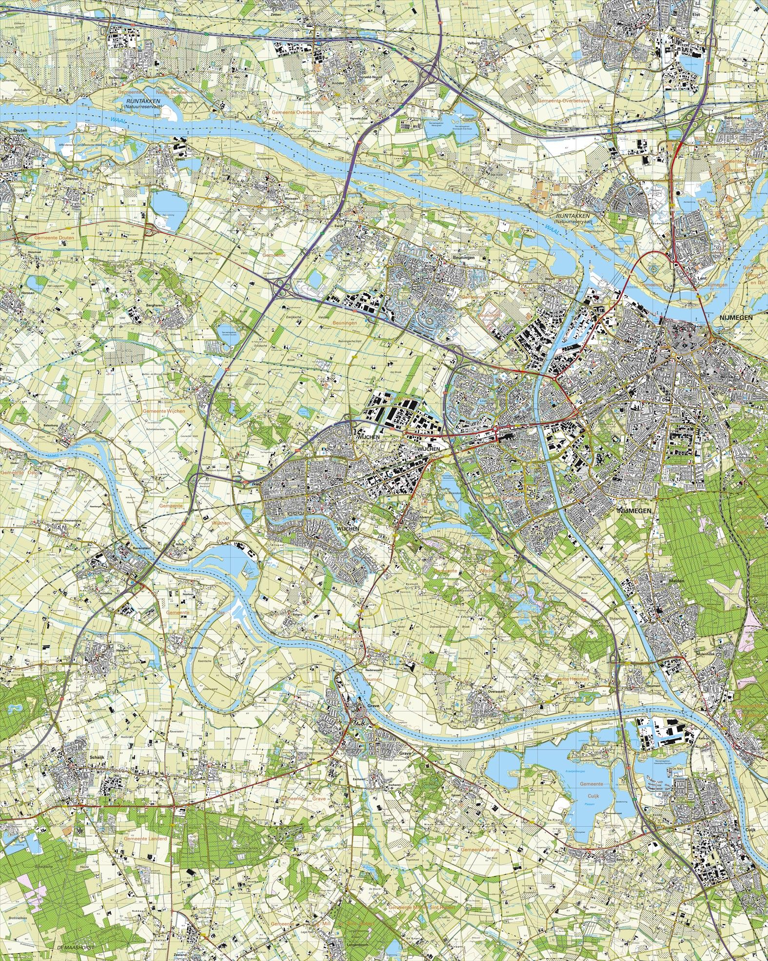Topografische kaart schaal 1:25.000 (Nijmegen, Wijchen, Beuningen, Malden, Cuijk,Grave)