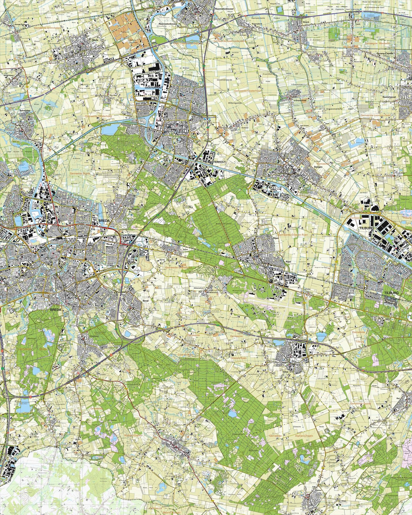 Topografische kaart schaal 1:25.000 (Breda, Oosterhout, Dongen, Rijen, Tilburg, Made)