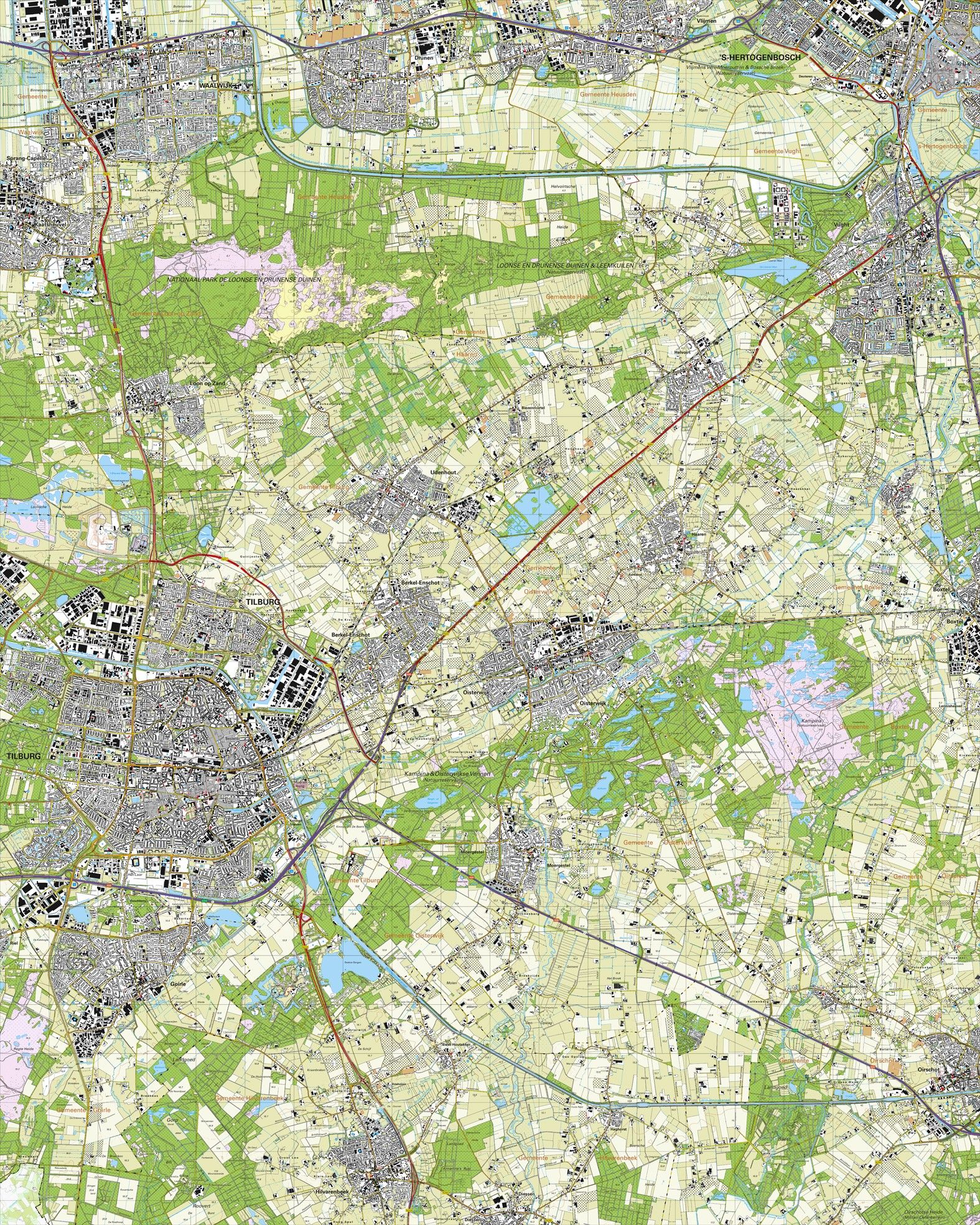 Topografische kaart schaal 1:25.000 (Tilburg, Waalwijk, Drunen, 's-hertogenbosch, Vught, Oisterwijk)