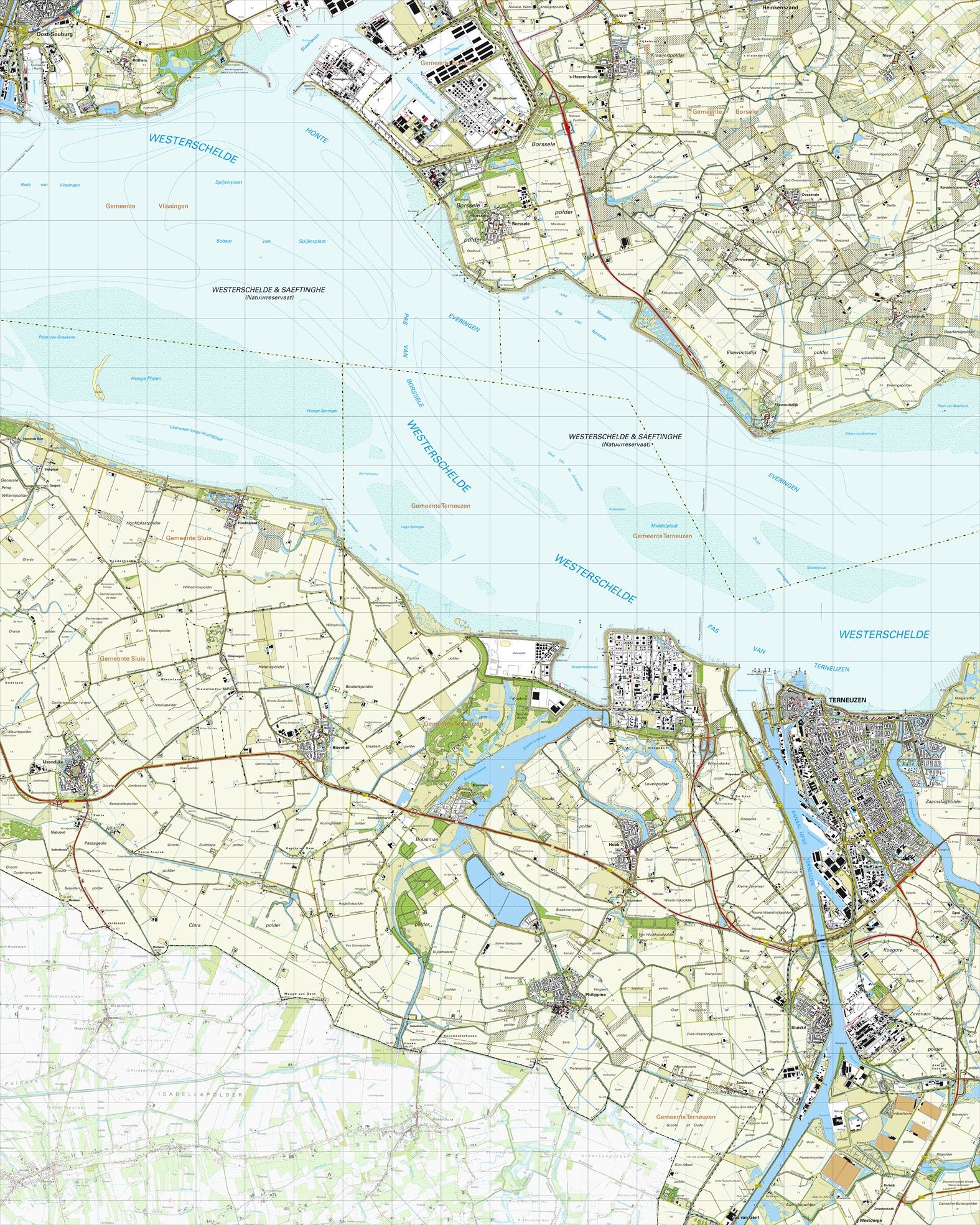 Topografische kaart schaal 1:25.000 (Terneuzen, Sluiskil, Philippine, Biervliet, IJzendijke)