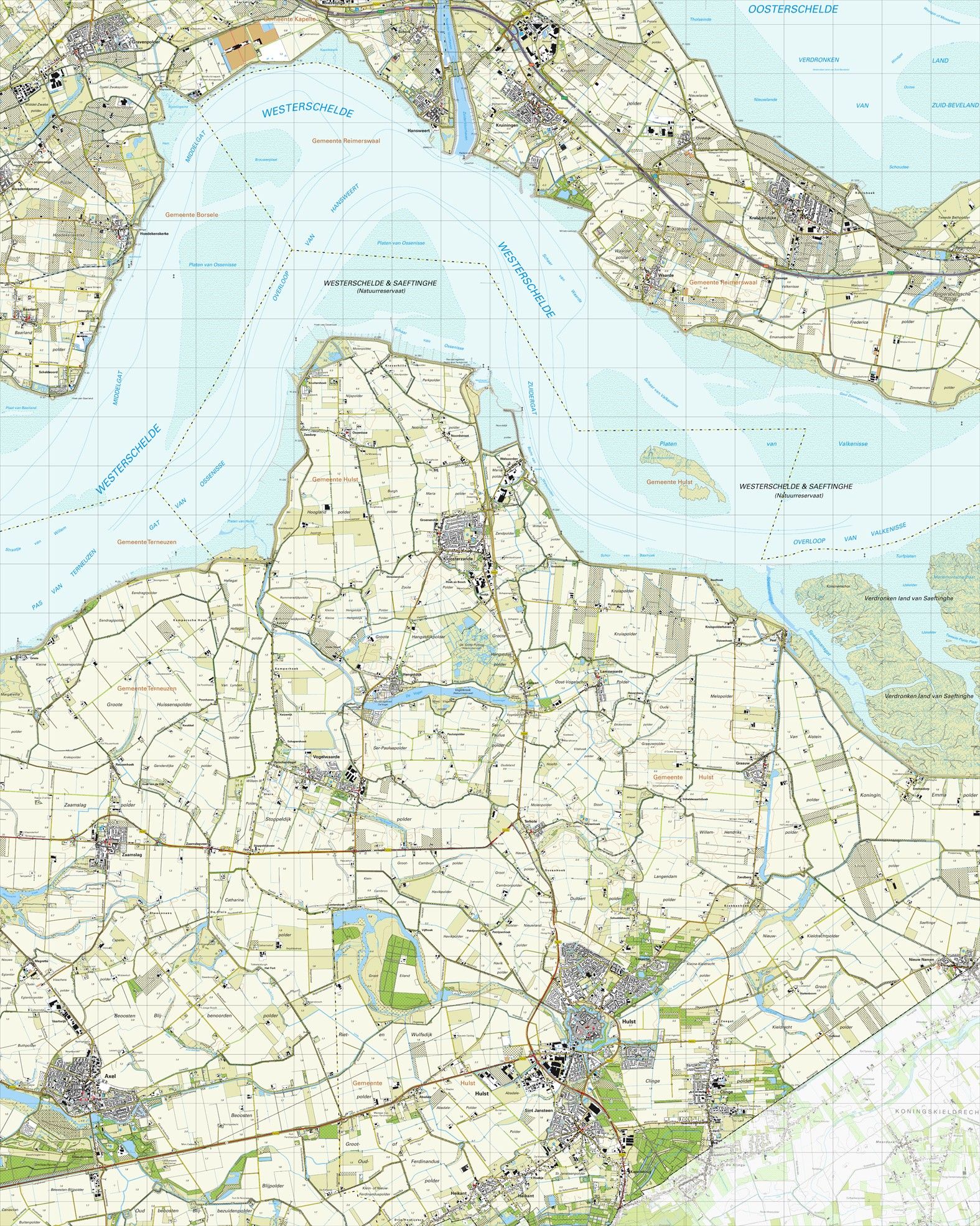 Topografische kaart schaal 1:25.000 (Krabbendijke, Kruiningen, Kloosterzande, Hulst, Axel, Zaamslag)