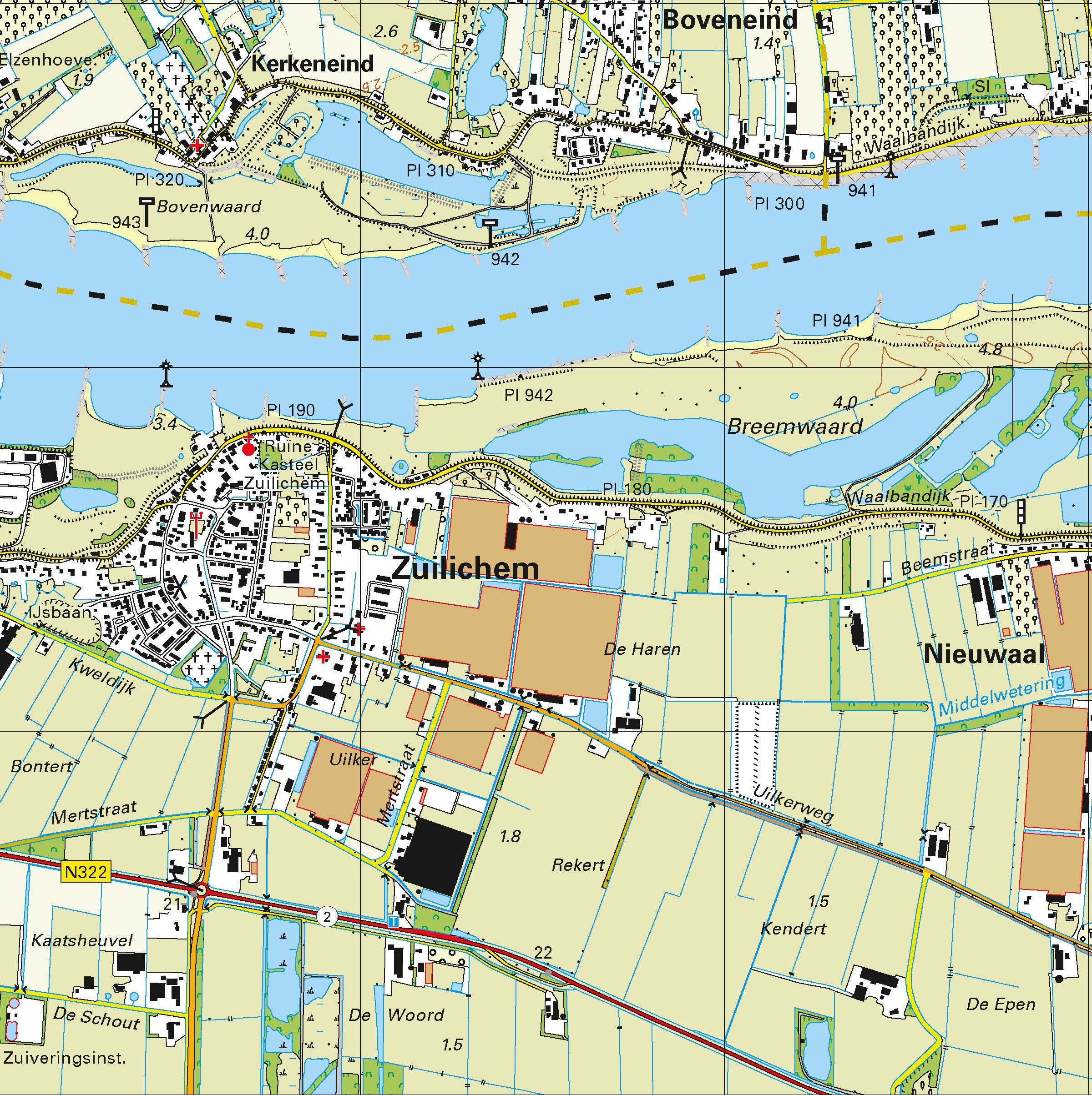 Topografische kaart schaal 1:25.000 (Leerdam, Geldermalsen, 's-Hertogenbosch, Zaltbommel, Veen)