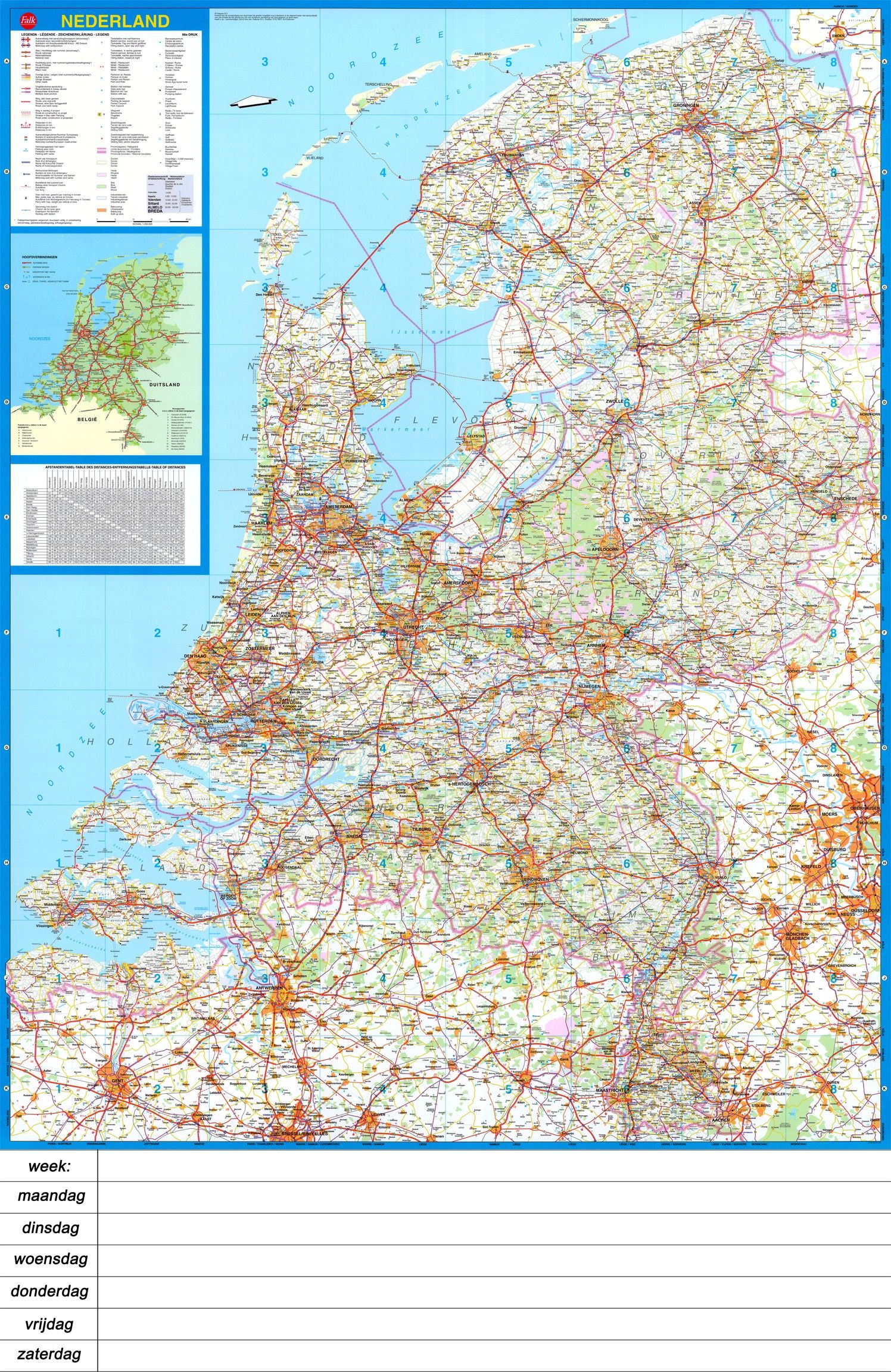 Landkaart Nederland Falk 1:250.000 met weekplanning  met plaatsnamenindex