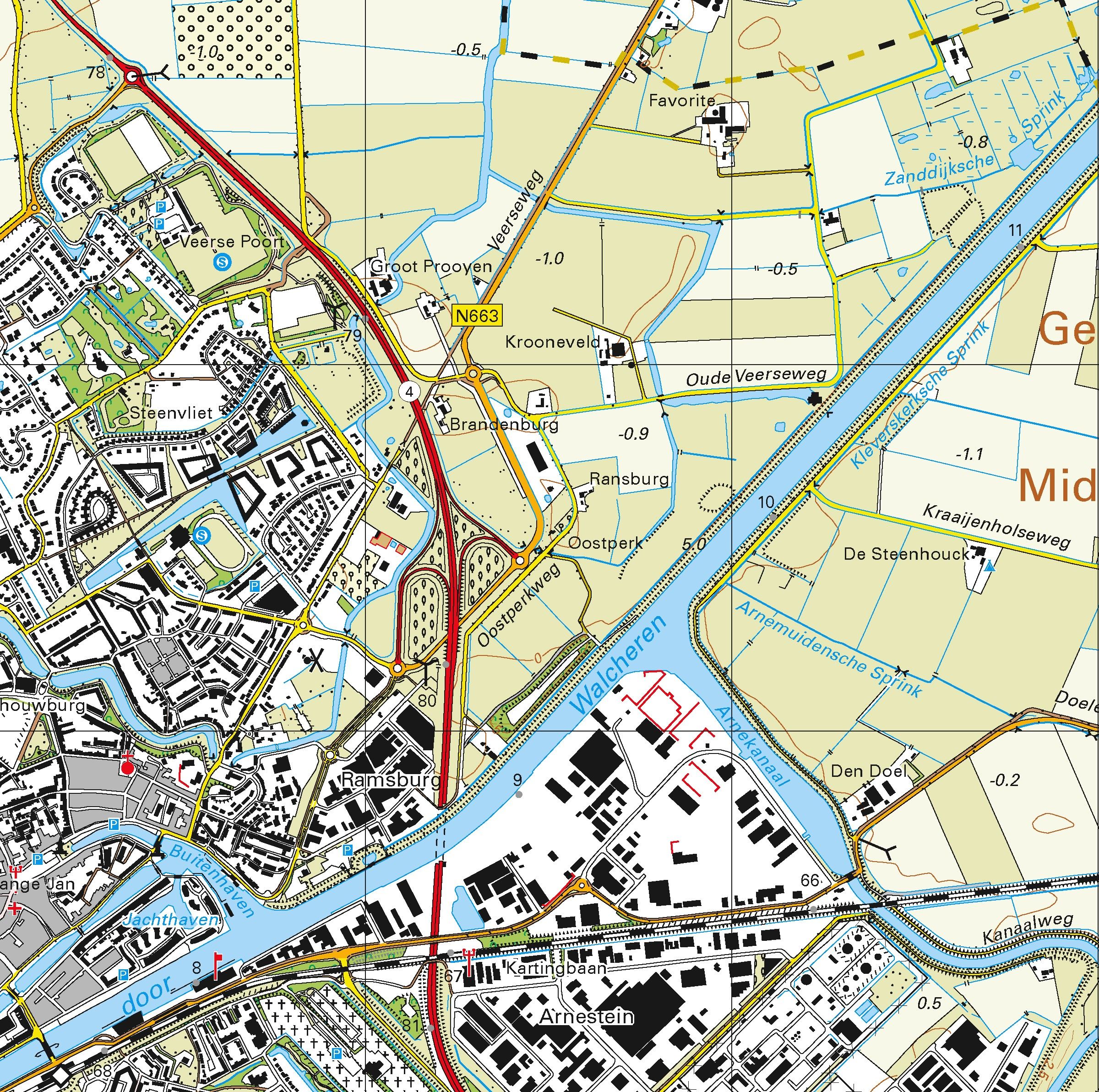Topografische kaart schaal 1:25.000 (Westkapelle, Oostkapelle, Domburg, Middelburg, Arnemuiden)