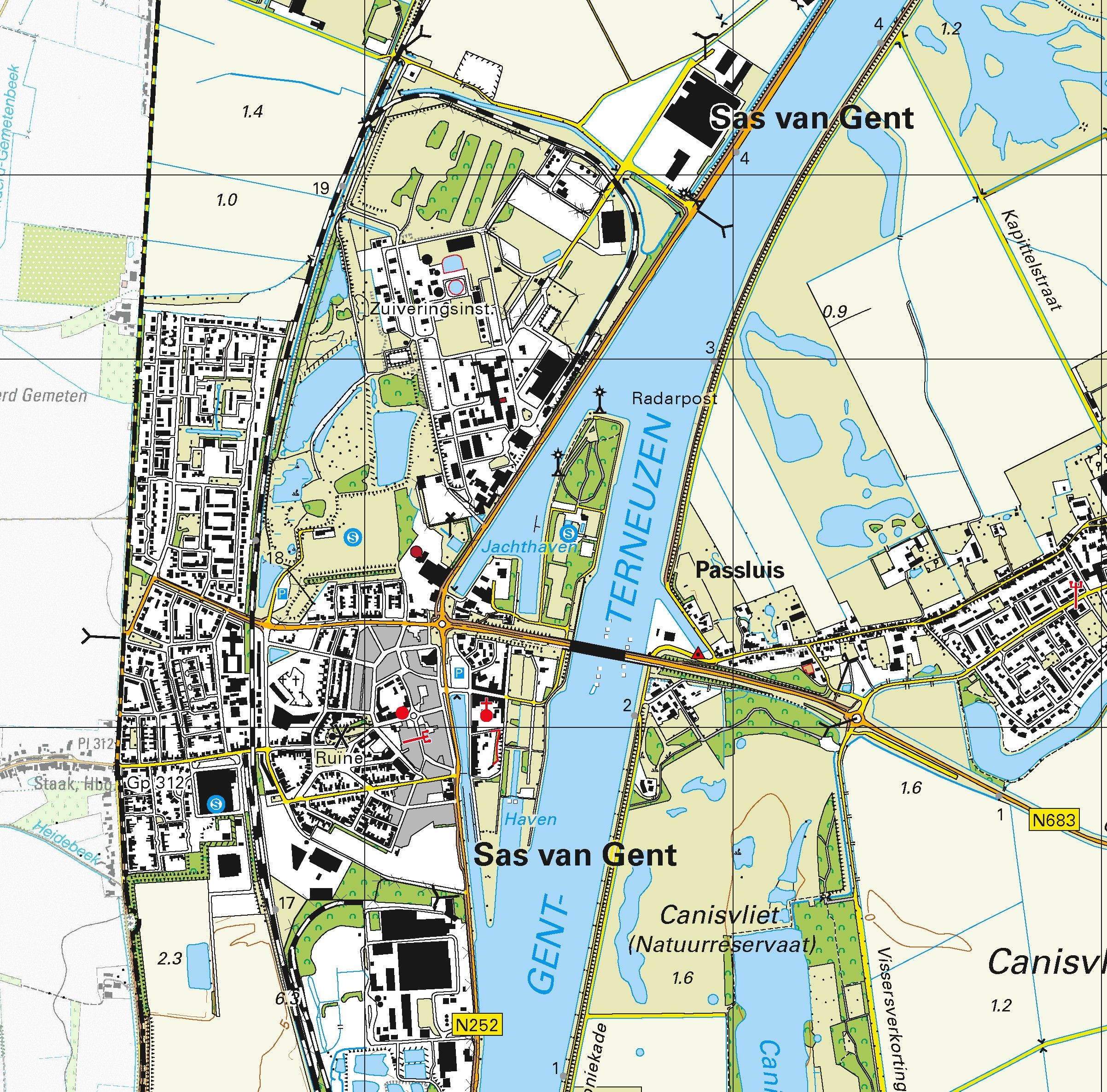 Topografische kaart schaal 1:25.000 (Terneuzen, Axel, Sas van Gent, Westdorpe, Koewacht, Heikant)