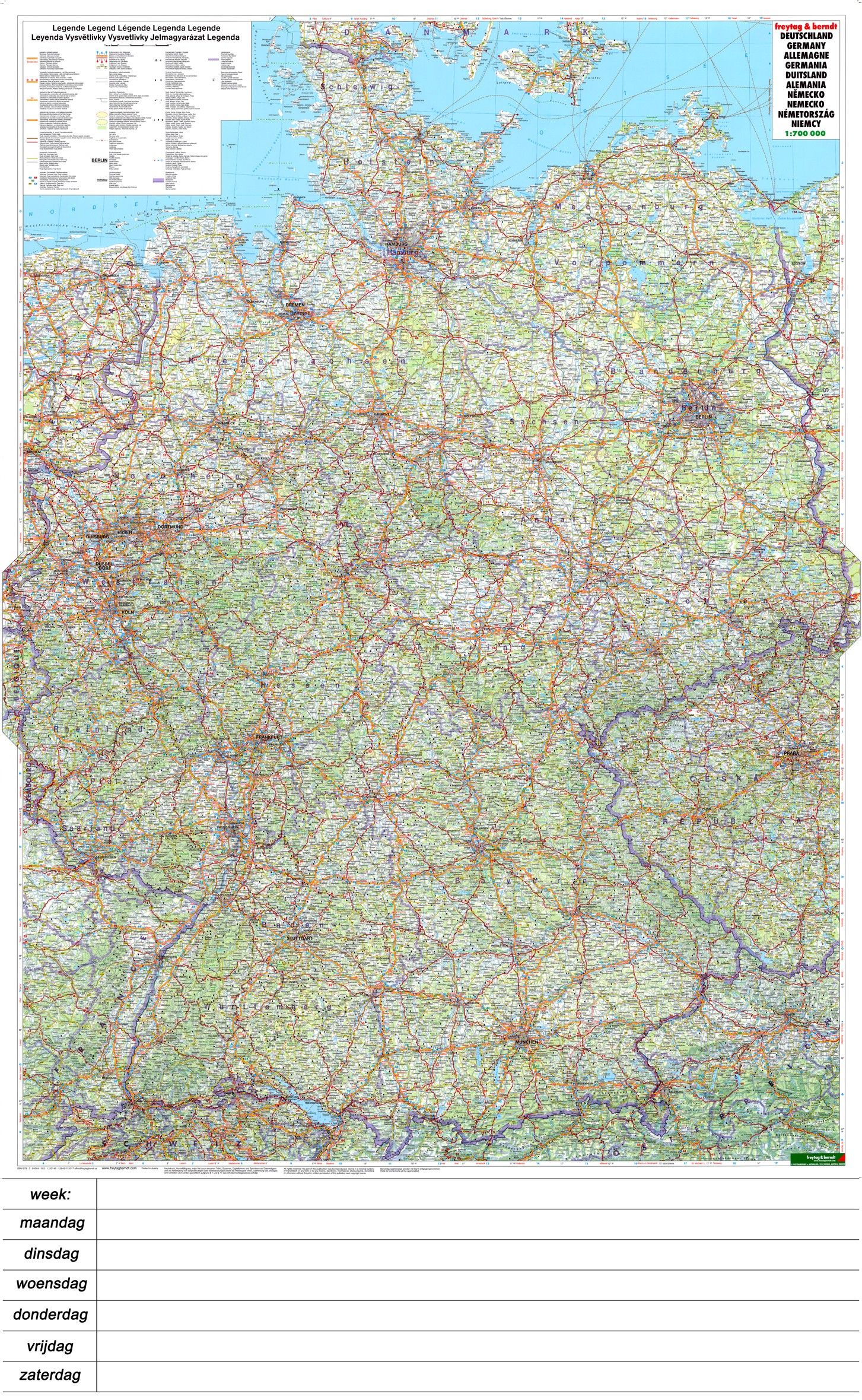 Landkaart Duitsland 1:700.000 met weekplanning  met plaatsnamenindex