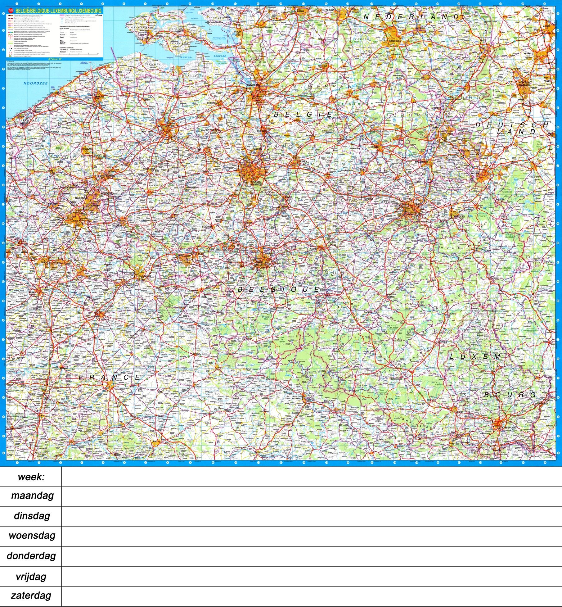 Landkaart Belgie Falk 1:250.000 met weekplanning  met plaatsnamenindex