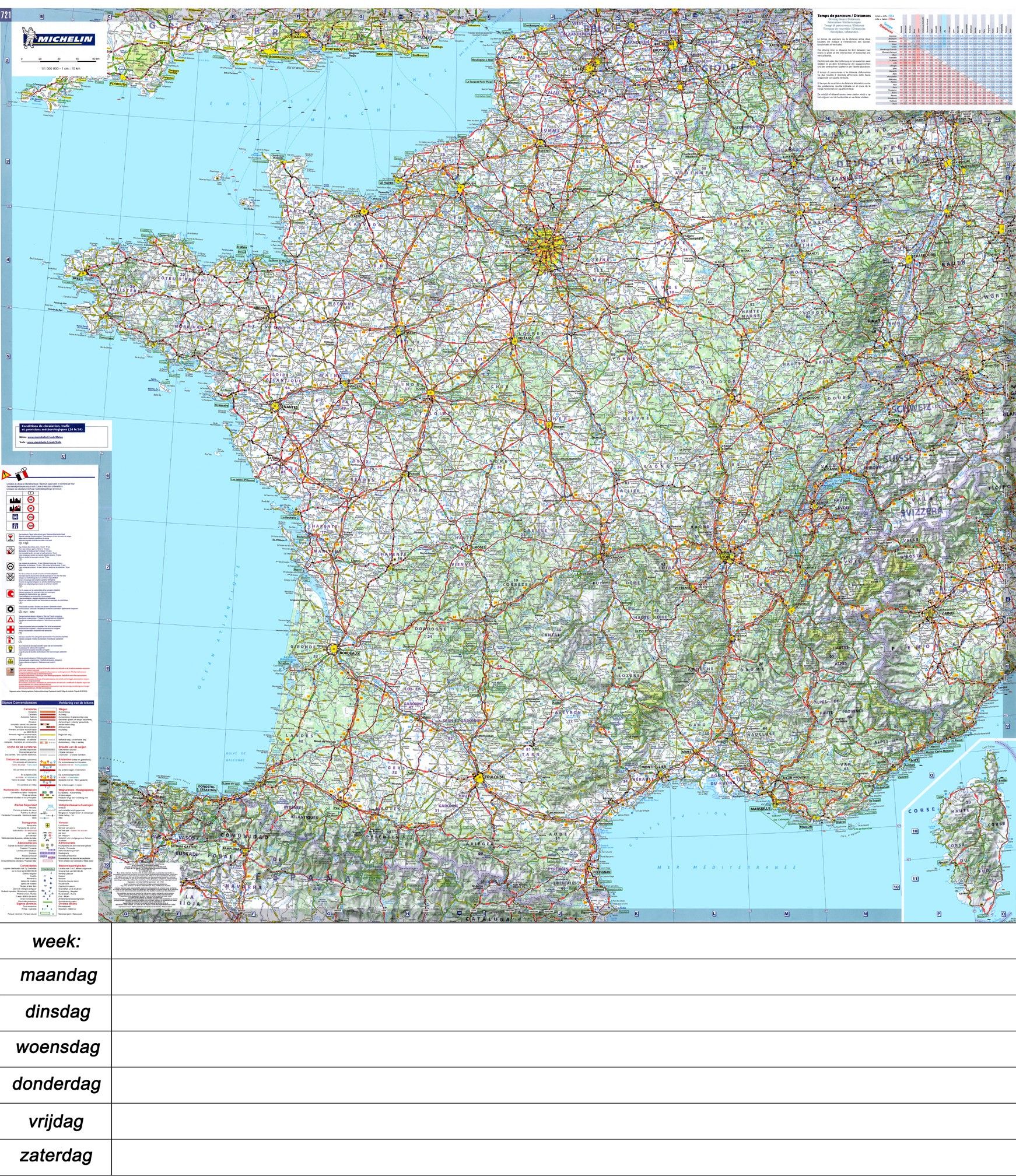 Landkaart Frankrijk 1:1.000.000 met weekplanning  met plaatsnamenindex