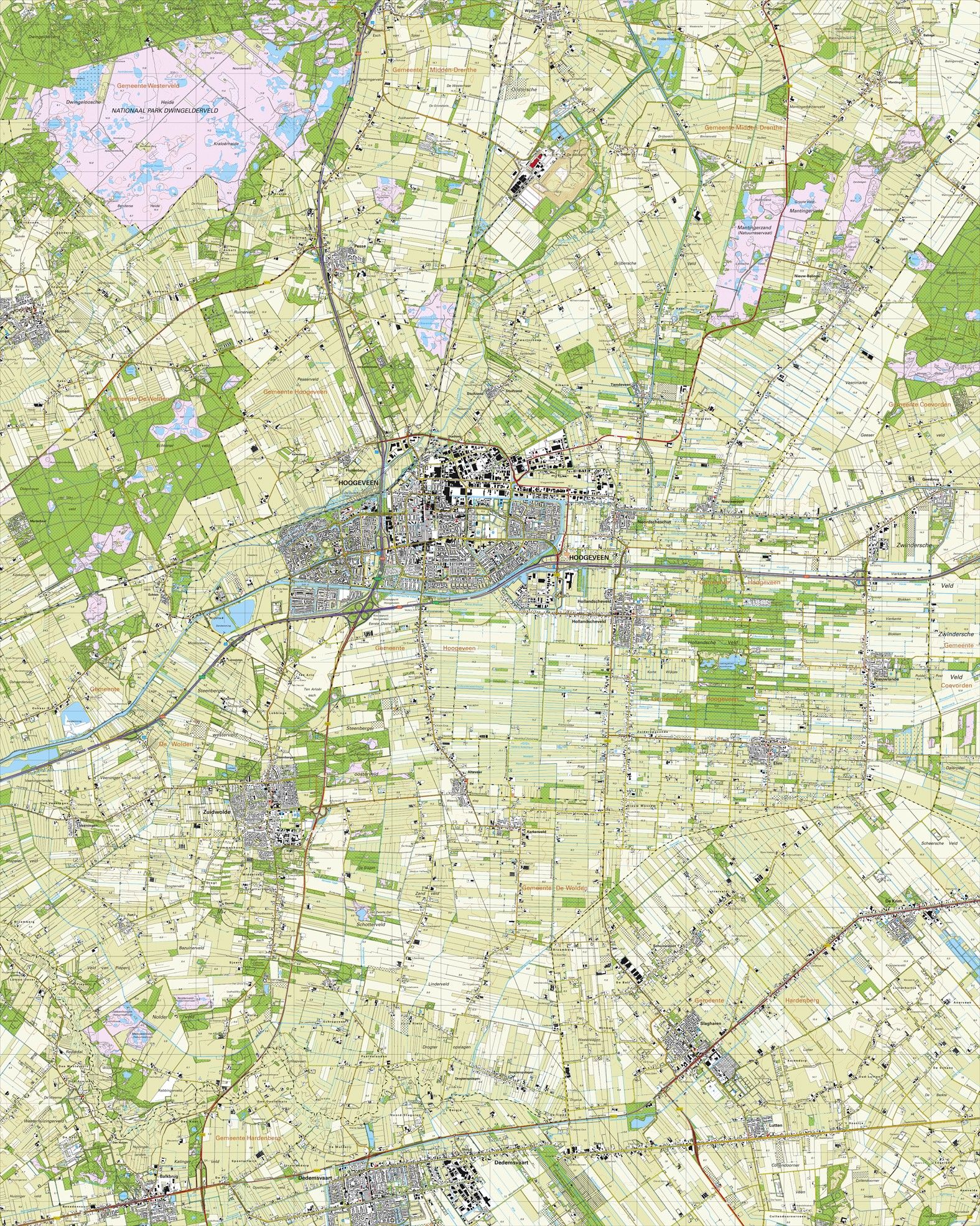 Topografische kaart schaal 1:25.000 (Hoogeveen, Zuidwolde, Dedemsvaart, Slagharen, de Krim)