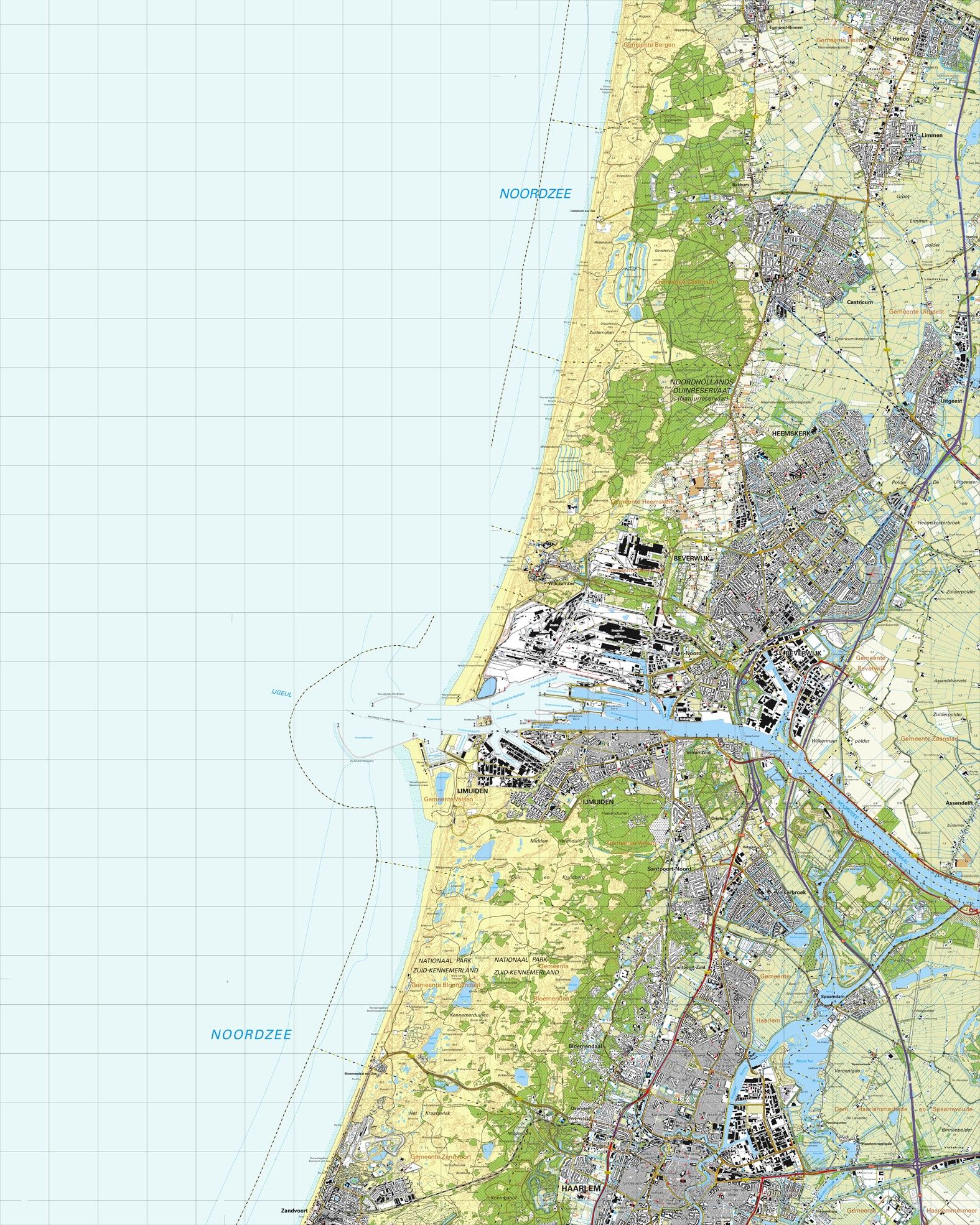Topografische kaart schaal 1:25.000 (Haarlem, Heemskerk, IJmuiden, Velsen, Castricum)